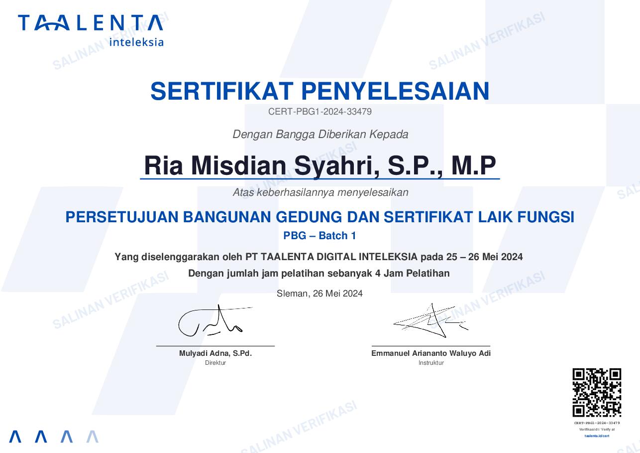 Halaman depan sertifikat Ria Misdian Syahri, S.P., M.P