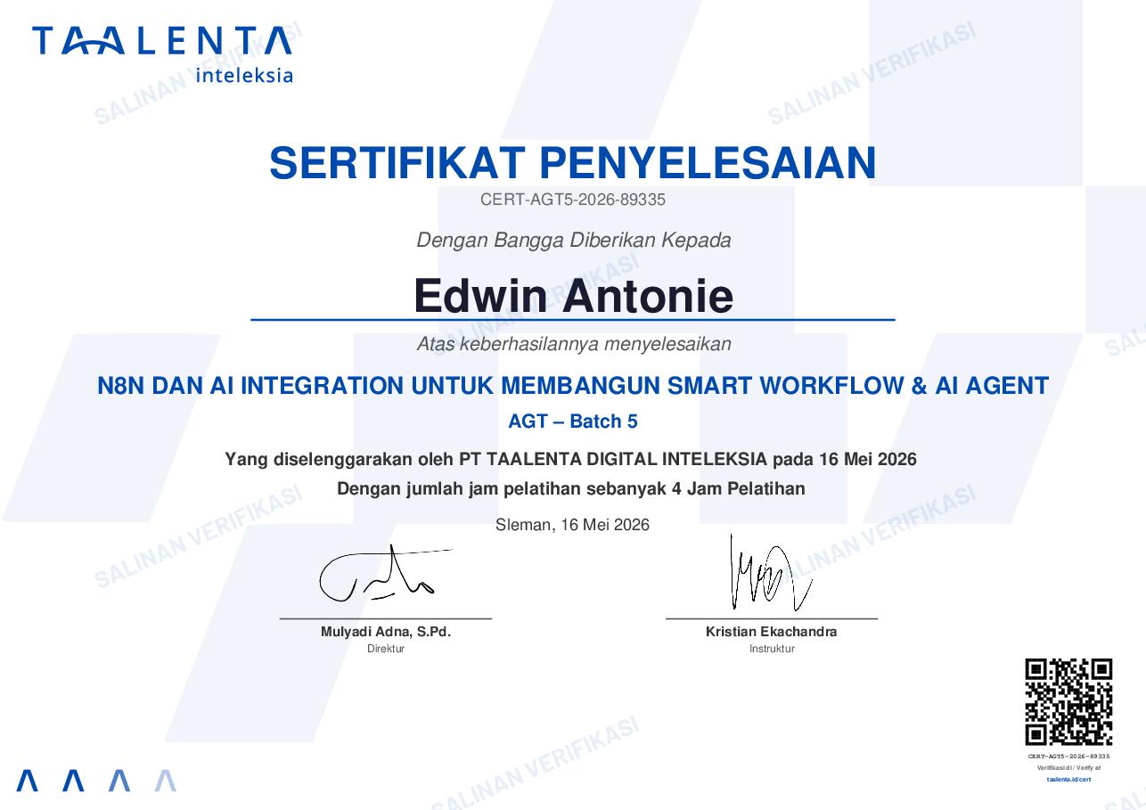 Halaman depan sertifikat Edwin Antonie