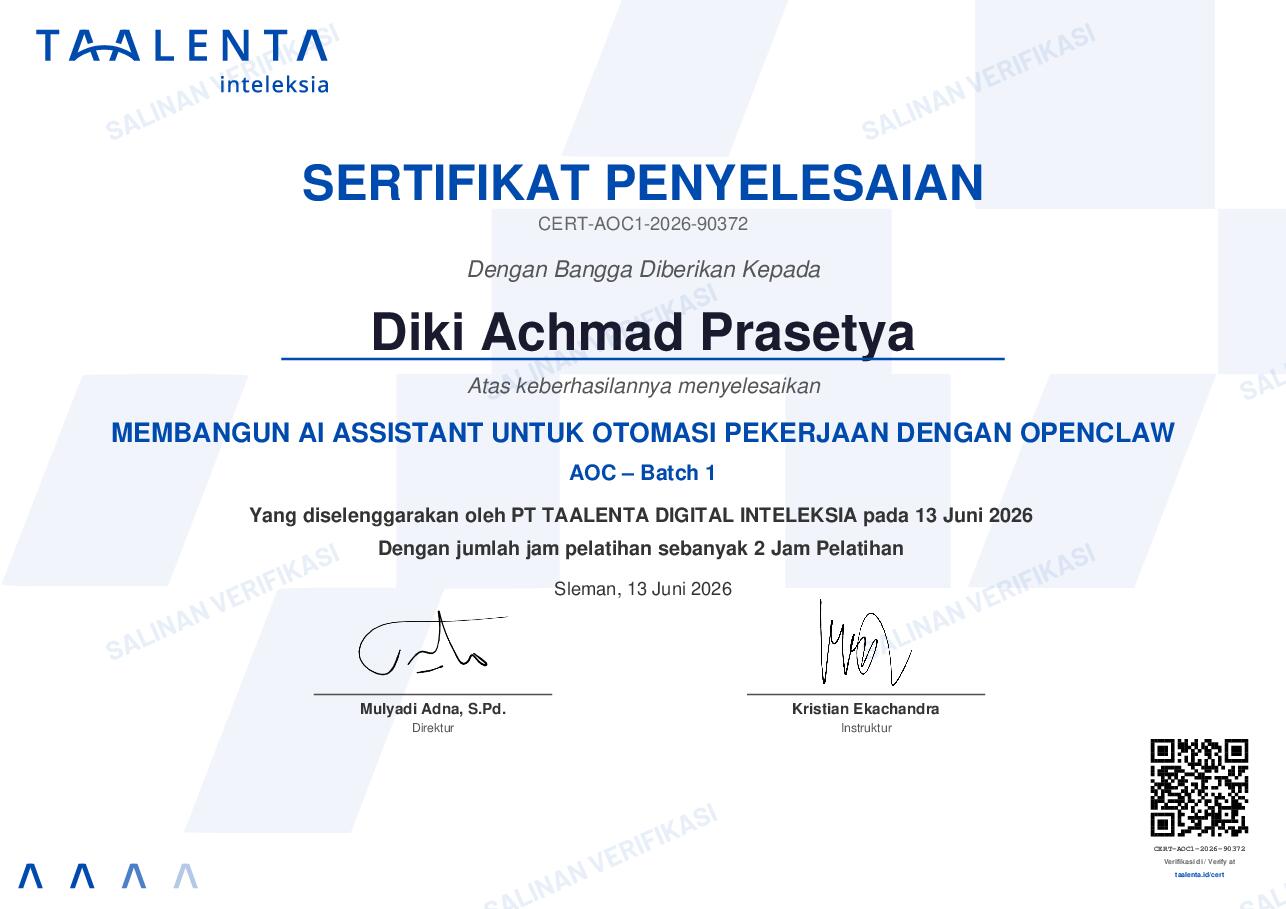 Halaman depan sertifikat Diki Achmad Prasetya