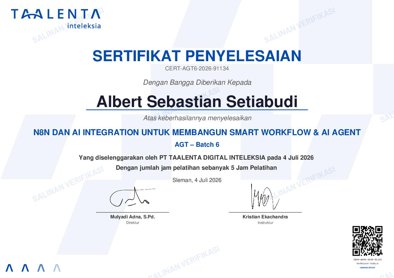 Halaman depan sertifikat Albert Sebastian Setiabudi